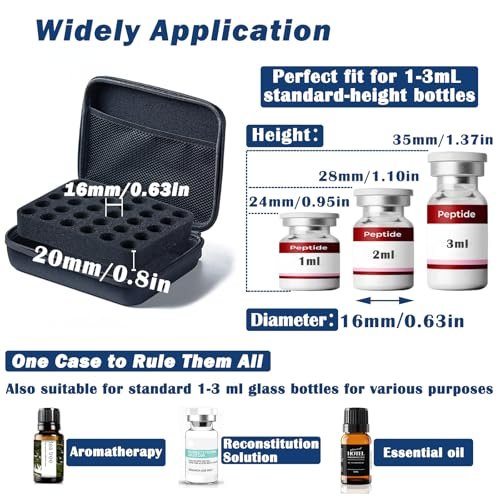 Mazentrix Peptide Vial Aufbewahrungsbox für Kühlschrank - 30 Fächer Organizer für 1-3 ml Insulinfläschchen, GLP-1, Peptide, Hartschalen-Reiseetui mit Handschlaufe, Schwarz