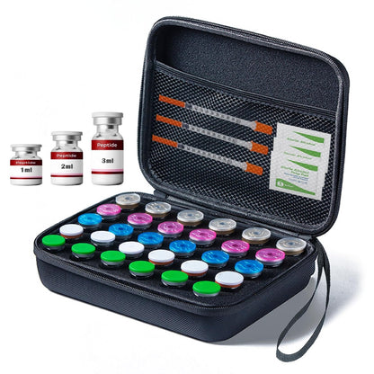 Mazentrix Peptide Vial Aufbewahrungsbox für Kühlschrank - 30 Fächer Organizer für 1-3 ml Insulinfläschchen, GLP-1, Peptide, Hartschalen-Reiseetui mit Handschlaufe, Schwarz