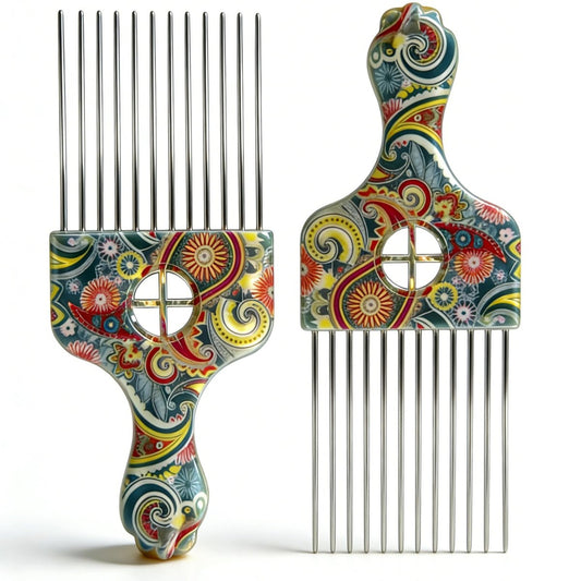 2er-Pack Edelstahl-Haarpicks für professionelles Styling – Breitzinkiger Afro-Kamm für Entwirren, Volumen und Locken – Damen, Herren, Lockiges Haar (Taille-Blume K3)