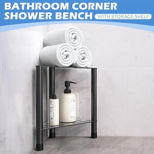Eck-Duschhocker für die Dusche – 39,4 cm Fußablage mit Ablagefach, Edelstahl Duschhocker zum Rasieren der Beine, Badezimmerbank für kleine Duschbereiche, Schwarz