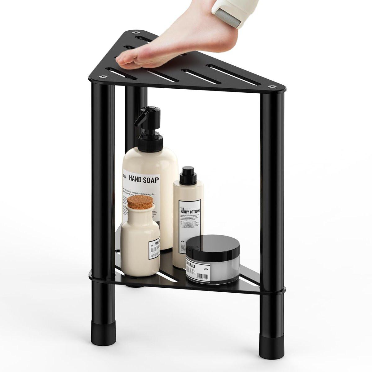 Eck-Duschhocker für die Dusche – 39,4 cm Fußablage mit Ablagefach, Edelstahl Duschhocker zum Rasieren der Beine, Badezimmerbank für kleine Duschbereiche, Schwarz
