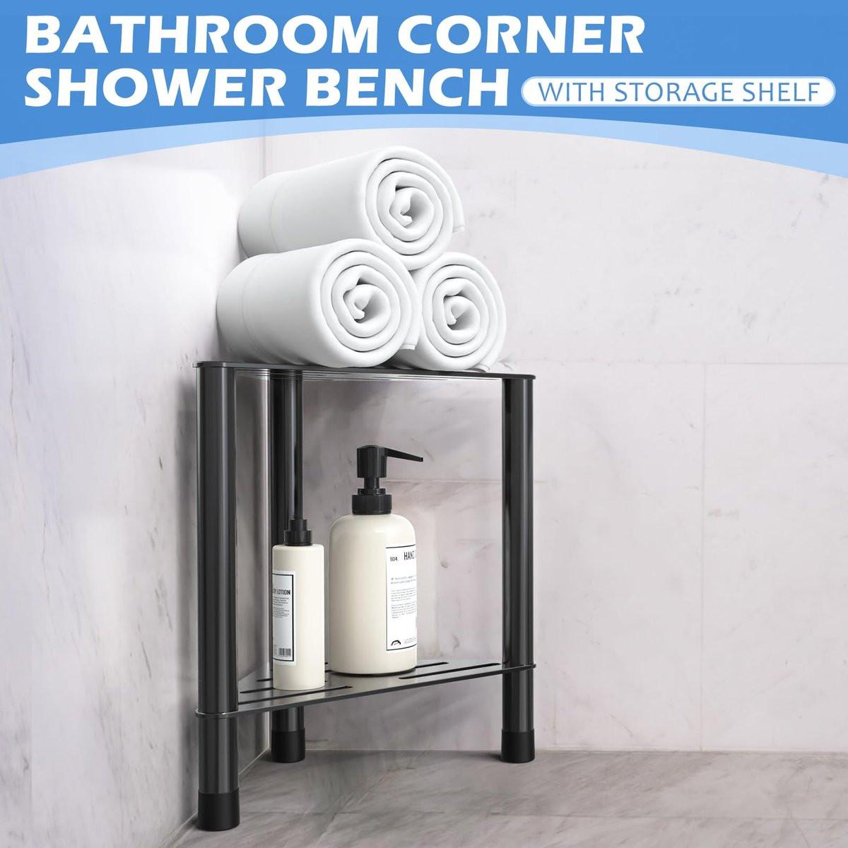 Eck-Duschhocker für die Dusche – 39,4 cm Fußablage mit Ablagefach, Edelstahl Duschhocker zum Rasieren der Beine, Badezimmerbank für kleine Duschbereiche, Schwarz
