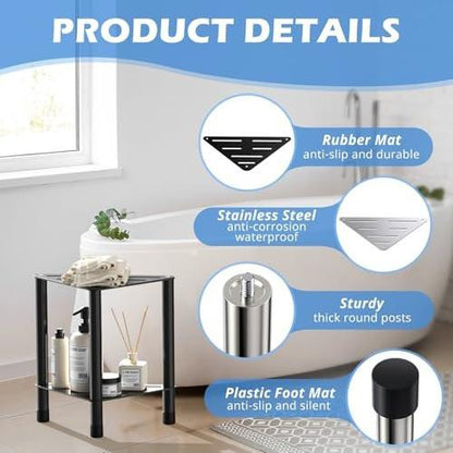 Eck-Duschhocker für die Dusche – 39,4 cm Fußablage mit Ablagefach, Edelstahl Duschhocker zum Rasieren der Beine, Badezimmerbank für kleine Duschbereiche, Schwarz