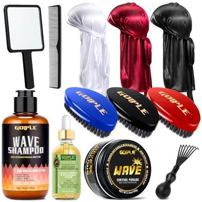 360 Wave Kit für Männer – Komplettes Pflegeset für 360 Waves mit 3 Wave-Bürsten (Weich, Mittel & Hart), Satin-Durag, Handspiegel, Haarkamm, Bürstenreiniger, Wave Pomade, Shampoo & Rosmarinöl – Bestes Geschenkset