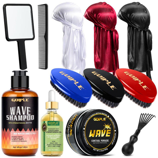 360 Wave Kit für Männer – Komplettes Pflegeset für 360 Waves mit 3 Wave-Bürsten (Weich, Mittel & Hart), Satin-Durag, Handspiegel, Haarkamm, Bürstenreiniger, Wave Pomade, Shampoo & Rosmarinöl – Bestes Geschenkset