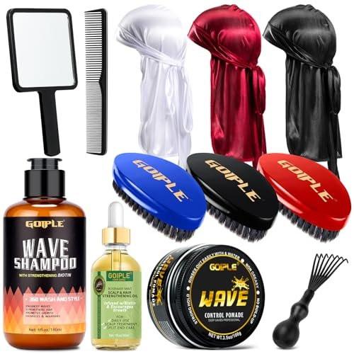 360 Wave Kit für Männer – Komplettes Pflegeset für 360 Waves mit 3 Wave-Bürsten (Weich, Mittel & Hart), Satin-Durag, Handspiegel, Haarkamm, Bürstenreiniger, Wave Pomade, Shampoo & Rosmarinöl – Bestes Geschenkset