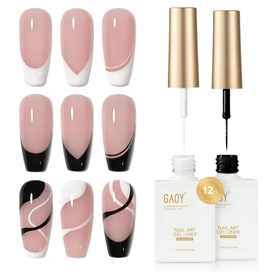 GAOY Gel Nagellack Art Liner Set, Weiß und Schwarz 2er-Pack 12 ml Klassische Farben Nagellack Design mit Dünnem Pinsel, UV-Licht Aushärtung für DIY French Maniküre zu Hause