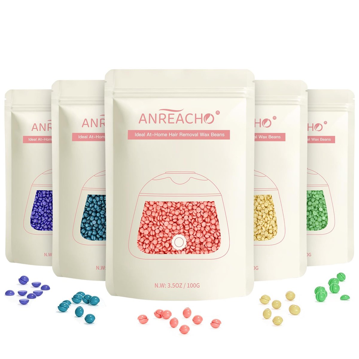 Anreacho Wachsperlen 1,1 lb Hartwachs für Haarentfernung – Brazilian, Bikini, Gesicht, Augenbrauen, Achseln, Brust, Rücken, Beine – Nachfüllpackung für Frauen und Männer, 5er-Pack