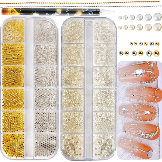 4390 Stück Goldperlen Nagelverzierungen, Kaviarperlen für Nägel, 2 Boxen Silber- & Goldperlen und Flachrückseitenperlen für Nagelkunst-Zubehör, Chloe Goldene Kaviar-Kette für Nageldekorationen und Schmuckzubehör