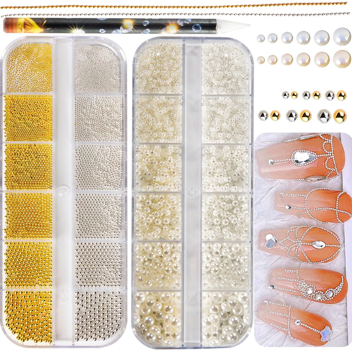 4390 Stück Goldperlen Nagelverzierungen, Kaviarperlen für Nägel, 2 Boxen Silber- & Goldperlen und Flachrückseitenperlen für Nagelkunst-Zubehör, Chloe Goldene Kaviar-Kette für Nageldekorationen und Schmuckzubehör