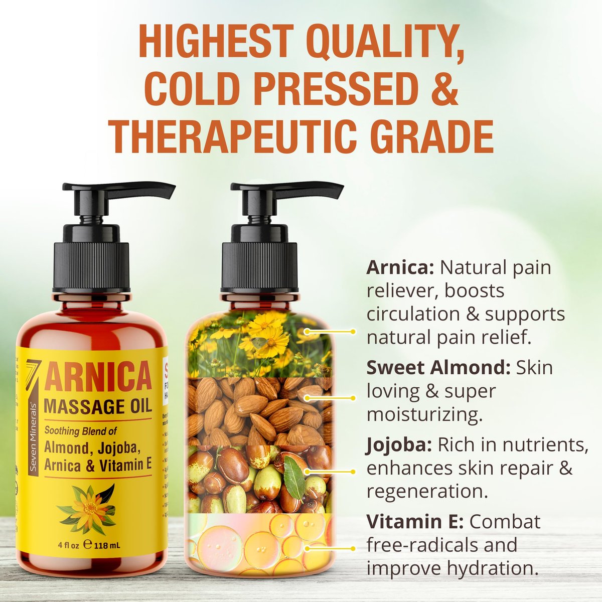 Seven Minerals Arnica Muskelöl für Massagetherapie – 118 ml – Ideal für professionelle und häusliche Körpermassagen