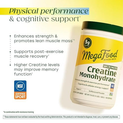 MegaFood Micronisiertes Kreatin-Monohydrat-Pulver – geschmacksneutrales Pre- & Post-Workout-Pulver für Männer & Frauen – kognitive & sportliche Leistungsunterstützung – NSF-zertifiziert für den Sport – 500 Gramm, 100 Portionen