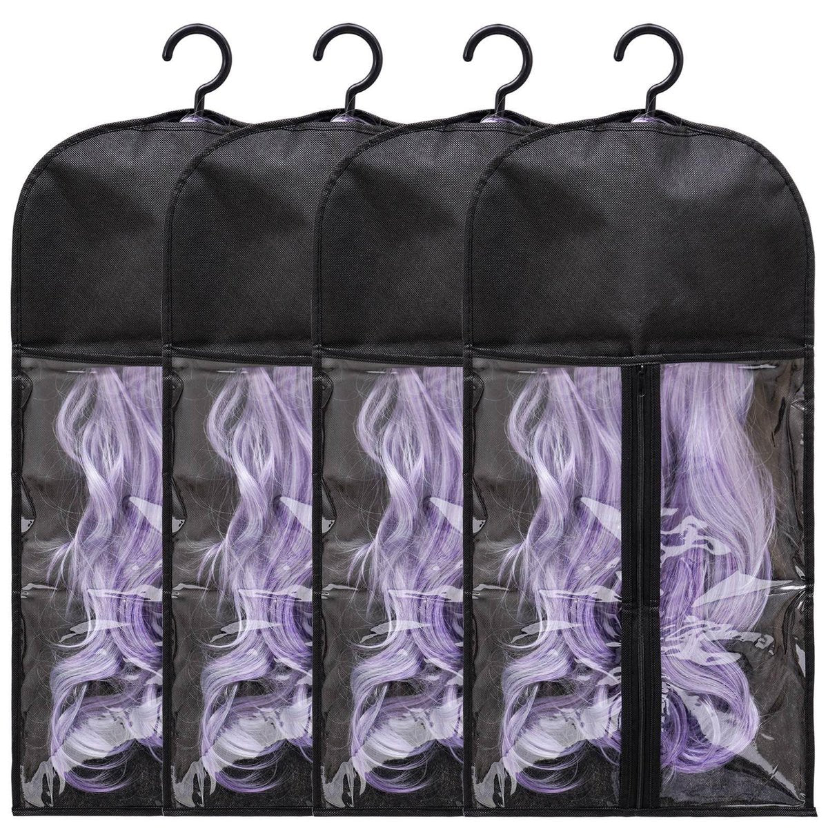 Hadwoer 4er-Pack Haarverlängerungs-Halter - Aufbewahrungstaschen für Perücken mit Kleiderbügel, staubdicht, ideal für Haarverlängerungen & Accessoires