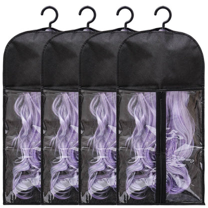Hadwoer 4er-Pack Haarverlängerungs-Halter - Aufbewahrungstaschen für Perücken mit Kleiderbügel, staubdicht, ideal für Haarverlängerungen & Accessoires