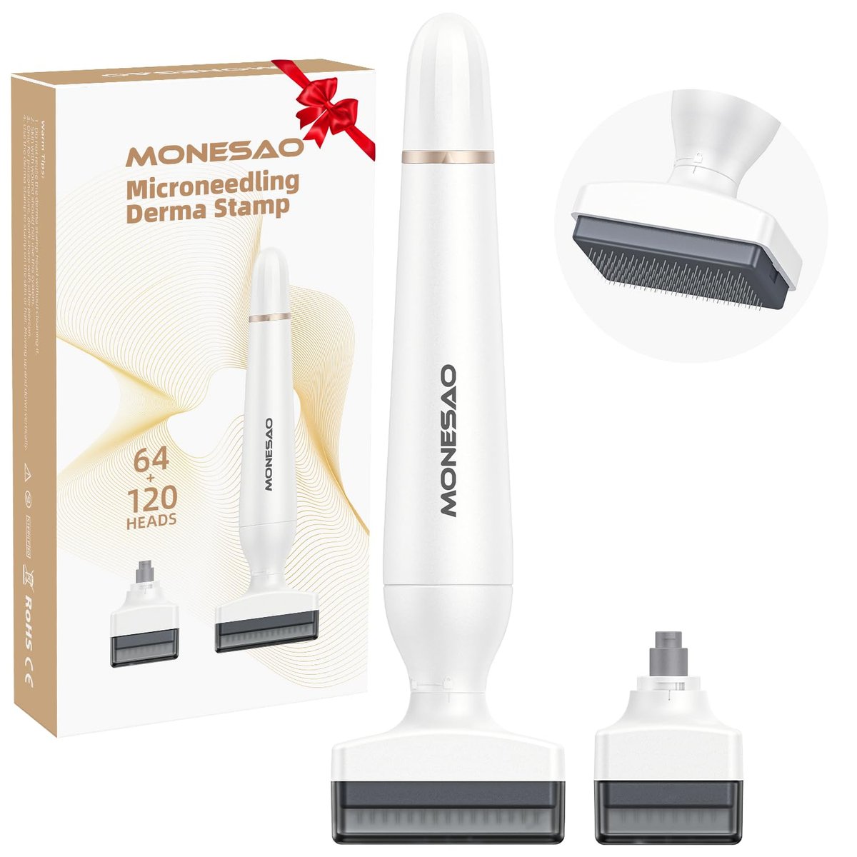 MONESAO Derma Stamp – Microneedling-Stempel für Gesicht, Kopfhaut und Bart – Mikronadel-Stempel mit 2 Ersatzköpfen