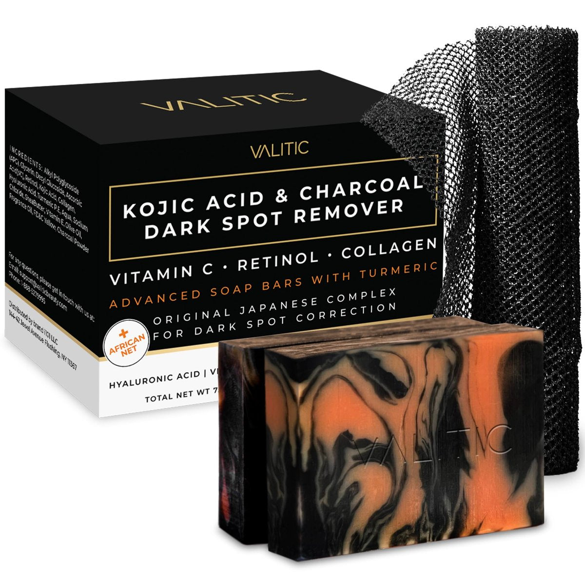 VALITIC Aktivkohle Kojisäure Kurkuma Schwarzseife Set mit Afrikanischem Netzschwamm – 2er-Pack zur Entfernung von dunklen Flecken für Gesicht und Körper