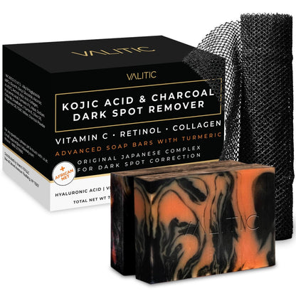 VALITIC Aktivkohle Kojisäure Kurkuma Schwarzseife Set mit Afrikanischem Netzschwamm – 2er-Pack zur Entfernung von dunklen Flecken für Gesicht und Körper