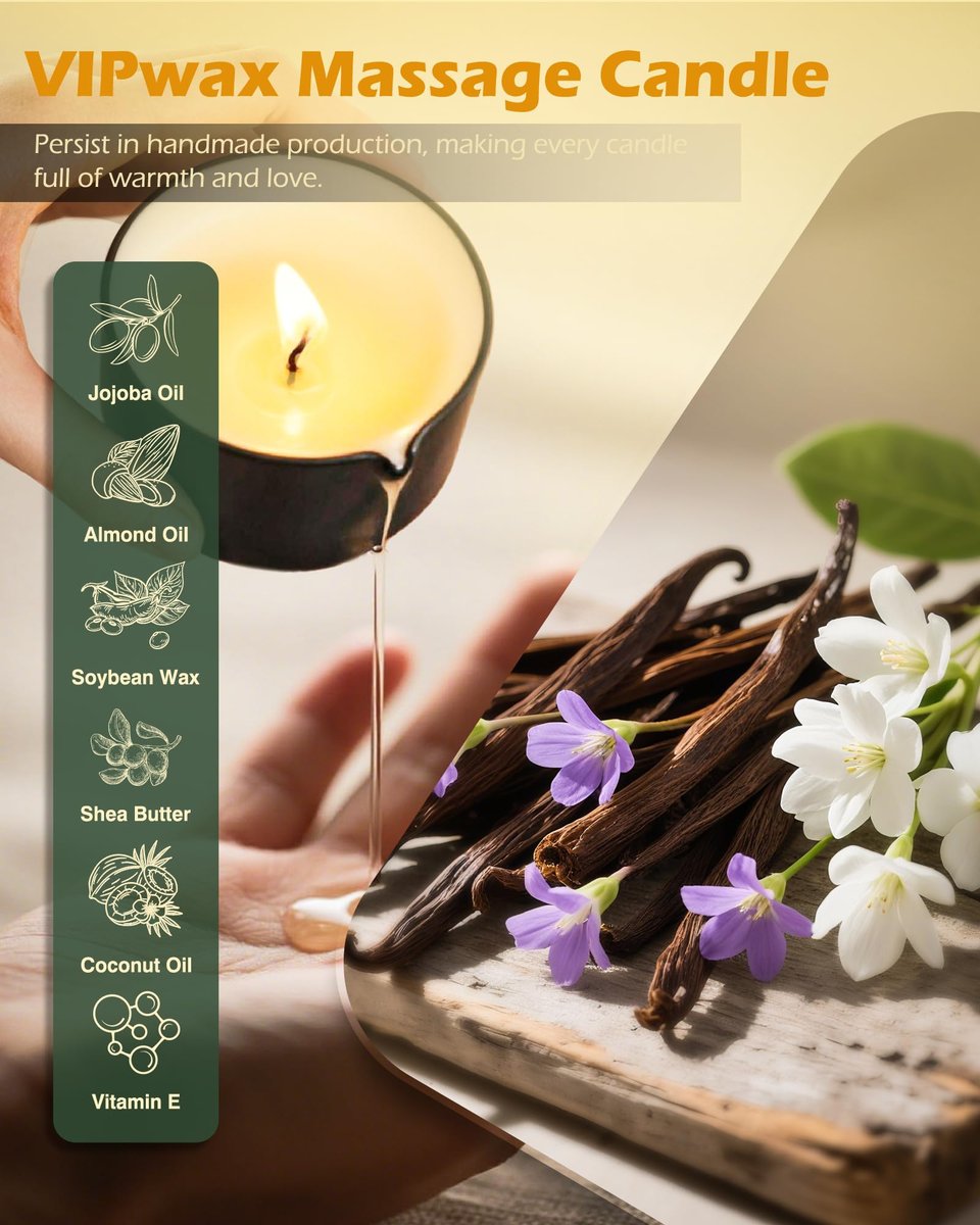 VIPwax Sojawachs-Massageöl-Kerze für Stressabbau und Hautfeuchtigkeit, Paarmassage, romantisches Geschenk, SPA für Zuhause, Duftkerze Körperöl - Vanilleduft 2,35 Unzen