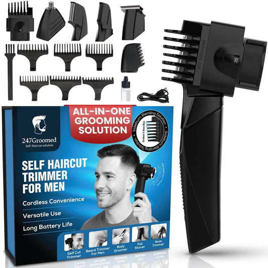 247 Groomed Selbsthaarschneider für Männer – Auto-Blending Haartrimmer, Selbsthaar-Fading-Tool, Verstellbarer Fade Guide (1–20 mm), Haarschneidemaschine, Bart-, Nasen-, Folienrasierer, Unisex Körperpfleger