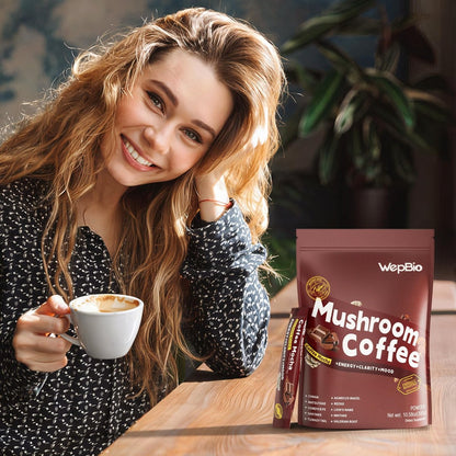WepBio Bio-Pilz Kaffee Mokka 11-in-1 Adaptogener Pilz-Mix mit Ashwagandha KSM-66, Löwenmähne, Reishi, Truthahnschwanz – Instant Pilzkaffee für Energie, Fokus, Zuckerfrei, 30 Portionen