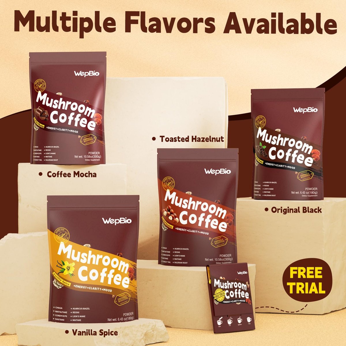 WepBio Bio-Pilz Kaffee Mokka 11-in-1 Adaptogener Pilz-Mix mit Ashwagandha KSM-66, Löwenmähne, Reishi, Truthahnschwanz – Instant Pilzkaffee für Energie, Fokus, Zuckerfrei, 30 Portionen