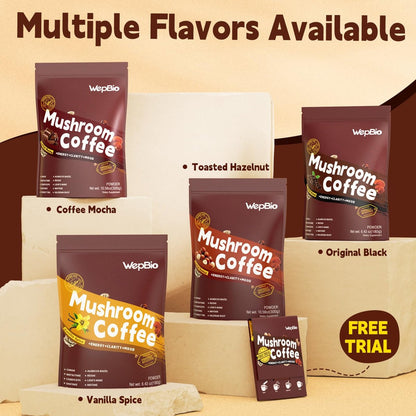 WepBio Bio-Pilz Kaffee Mokka 11-in-1 Adaptogener Pilz-Mix mit Ashwagandha KSM-66, Löwenmähne, Reishi, Truthahnschwanz – Instant Pilzkaffee für Energie, Fokus, Zuckerfrei, 30 Portionen