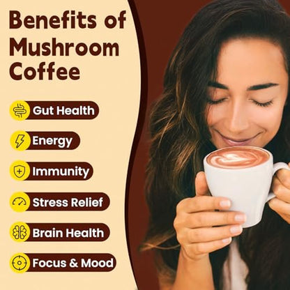 WepBio Bio-Pilz Kaffee Mokka 11-in-1 Adaptogener Pilz-Mix mit Ashwagandha KSM-66, Löwenmähne, Reishi, Truthahnschwanz – Instant Pilzkaffee für Energie, Fokus, Zuckerfrei, 30 Portionen