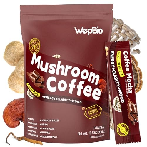 WepBio Bio-Pilz Kaffee Mokka 11-in-1 Adaptogener Pilz-Mix mit Ashwagandha KSM-66, Löwenmähne, Reishi, Truthahnschwanz – Instant Pilzkaffee für Energie, Fokus, Zuckerfrei, 30 Portionen