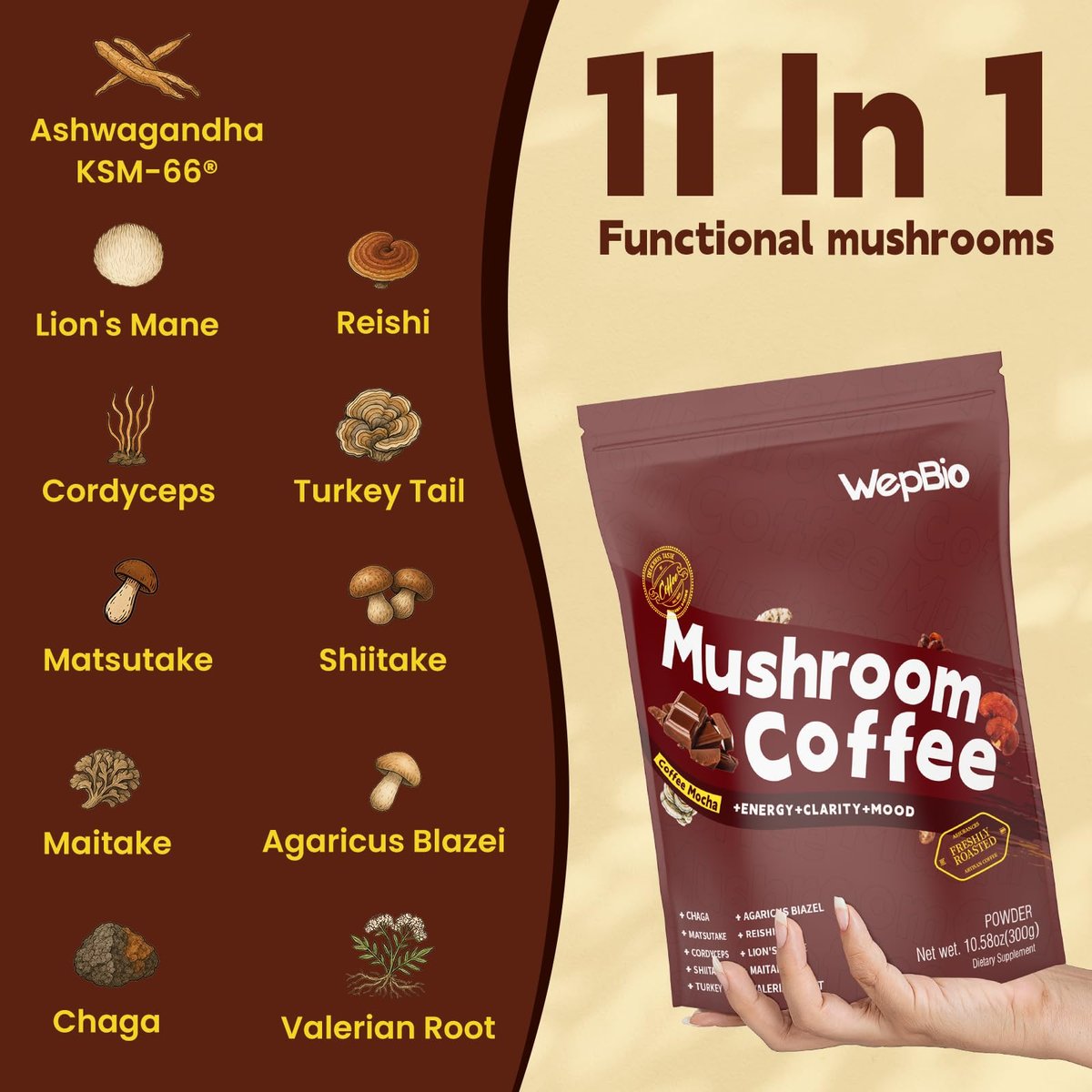 WepBio Bio-Pilz Kaffee Mokka 11-in-1 Adaptogener Pilz-Mix mit Ashwagandha KSM-66, Löwenmähne, Reishi, Truthahnschwanz – Instant Pilzkaffee für Energie, Fokus, Zuckerfrei, 30 Portionen