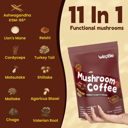 WepBio Bio-Pilz Kaffee Mokka 11-in-1 Adaptogener Pilz-Mix mit Ashwagandha KSM-66, Löwenmähne, Reishi, Truthahnschwanz – Instant Pilzkaffee für Energie, Fokus, Zuckerfrei, 30 Portionen