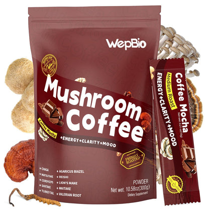 WepBio Bio-Pilz Kaffee Mokka 11-in-1 Adaptogener Pilz-Mix mit Ashwagandha KSM-66, Löwenmähne, Reishi, Truthahnschwanz – Instant Pilzkaffee für Energie, Fokus, Zuckerfrei, 30 Portionen
