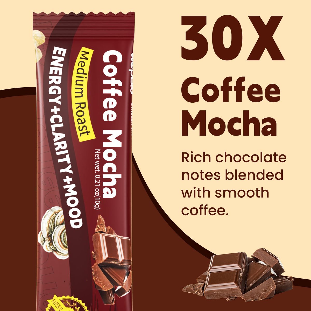 WepBio Bio-Pilz Kaffee Mokka 11-in-1 Adaptogener Pilz-Mix mit Ashwagandha KSM-66, Löwenmähne, Reishi, Truthahnschwanz – Instant Pilzkaffee für Energie, Fokus, Zuckerfrei, 30 Portionen