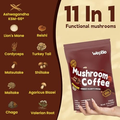 WepBio Bio-Pilz Kaffee Mokka 11-in-1 Adaptogener Pilz-Mix mit Ashwagandha KSM-66, Löwenmähne, Reishi, Truthahnschwanz – Instant Pilzkaffee für Energie, Fokus, Zuckerfrei, 30 Portionen