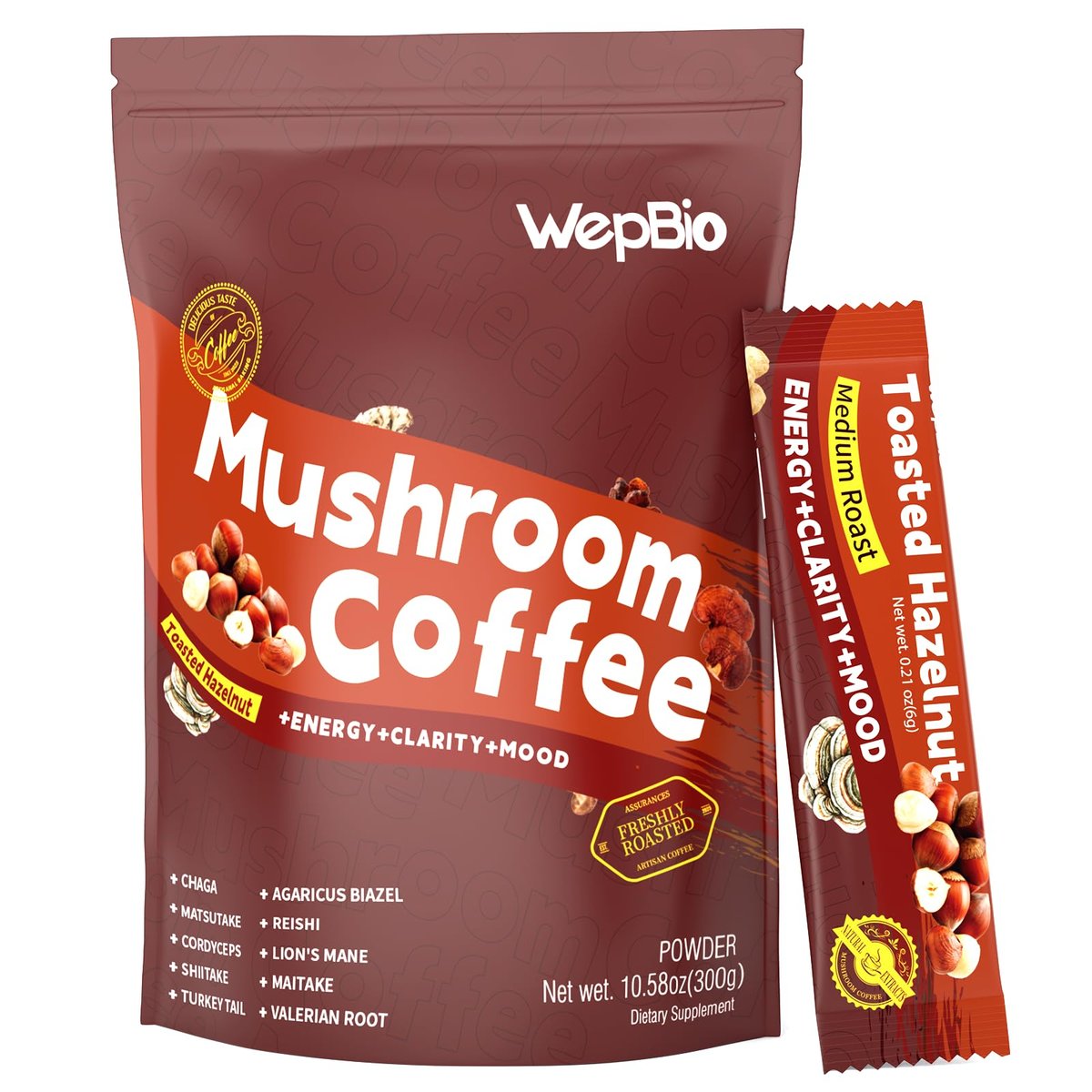 WepBio Bio-Pilz-Kaffee 11-in-1 Adaptogener Pilzmischung mit Ashwagandha KSM-66, Löwenmähne, Reishi, Truthahnschwanz, Haselnuss-Instantpilzkaffee für Energie, Fokus, Zuckerfrei, 30 Portionen