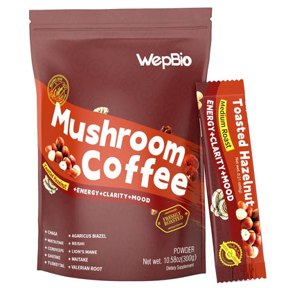 WepBio Bio-Pilz-Kaffee 11-in-1 Adaptogener Pilzmischung mit Ashwagandha KSM-66, Löwenmähne, Reishi, Truthahnschwanz, Haselnuss-Instantpilzkaffee für Energie, Fokus, Zuckerfrei, 30 Portionen