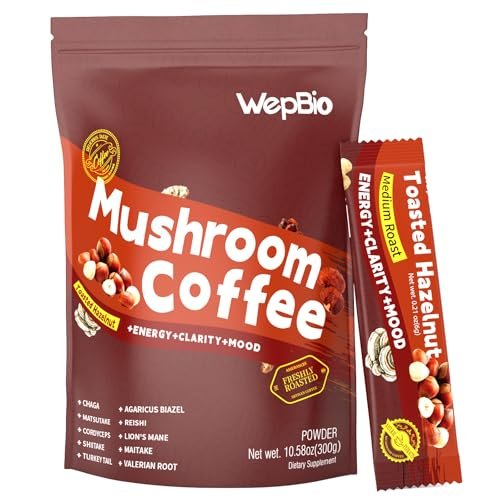 WepBio Bio-Pilz-Kaffee 11-in-1 Adaptogener Pilzmischung mit Ashwagandha KSM-66, Löwenmähne, Reishi, Truthahnschwanz, Haselnuss-Instantpilzkaffee für Energie, Fokus, Zuckerfrei, 30 Portionen
