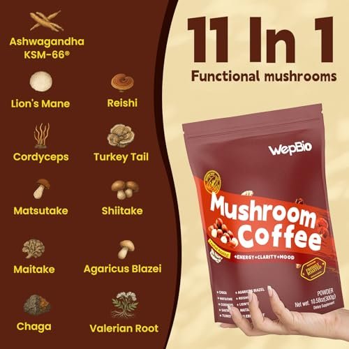 WepBio Bio-Pilz-Kaffee 11-in-1 Adaptogener Pilzmischung mit Ashwagandha KSM-66, Löwenmähne, Reishi, Truthahnschwanz, Haselnuss-Instantpilzkaffee für Energie, Fokus, Zuckerfrei, 30 Portionen