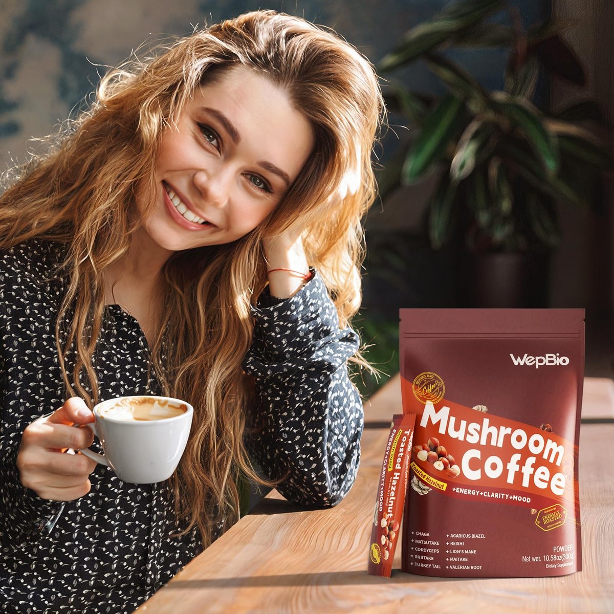 WepBio Bio-Pilz-Kaffee 11-in-1 Adaptogener Pilzmischung mit Ashwagandha KSM-66, Löwenmähne, Reishi, Truthahnschwanz, Haselnuss-Instantpilzkaffee für Energie, Fokus, Zuckerfrei, 30 Portionen