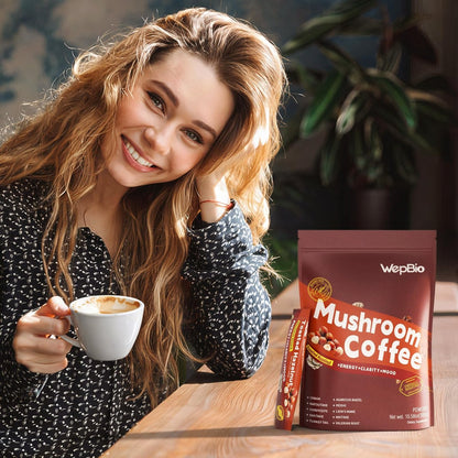 WepBio Bio-Pilz-Kaffee 11-in-1 Adaptogener Pilzmischung mit Ashwagandha KSM-66, Löwenmähne, Reishi, Truthahnschwanz, Haselnuss-Instantpilzkaffee für Energie, Fokus, Zuckerfrei, 30 Portionen