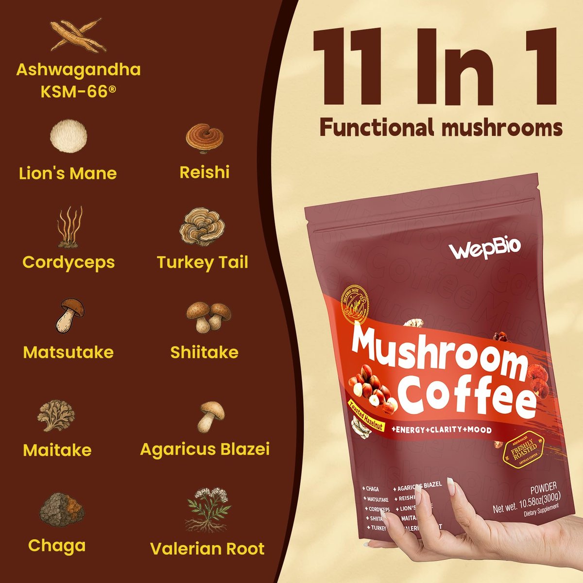 WepBio Bio-Pilz-Kaffee 11-in-1 Adaptogener Pilzmischung mit Ashwagandha KSM-66, Löwenmähne, Reishi, Truthahnschwanz, Haselnuss-Instantpilzkaffee für Energie, Fokus, Zuckerfrei, 30 Portionen