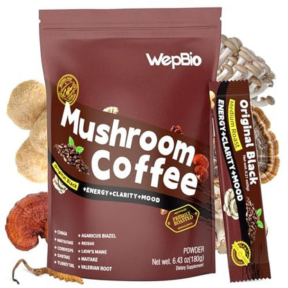 WepBio Pilz-Kaffee Original Schwarz 11-in-1 Adaptogene Pilzmischung mit Ashwagandha KSM-66, Löwenmähne, Reishi, Truthahnschwanz – Instant Pilzkaffee für Energie und Fokus, 30 Portionen