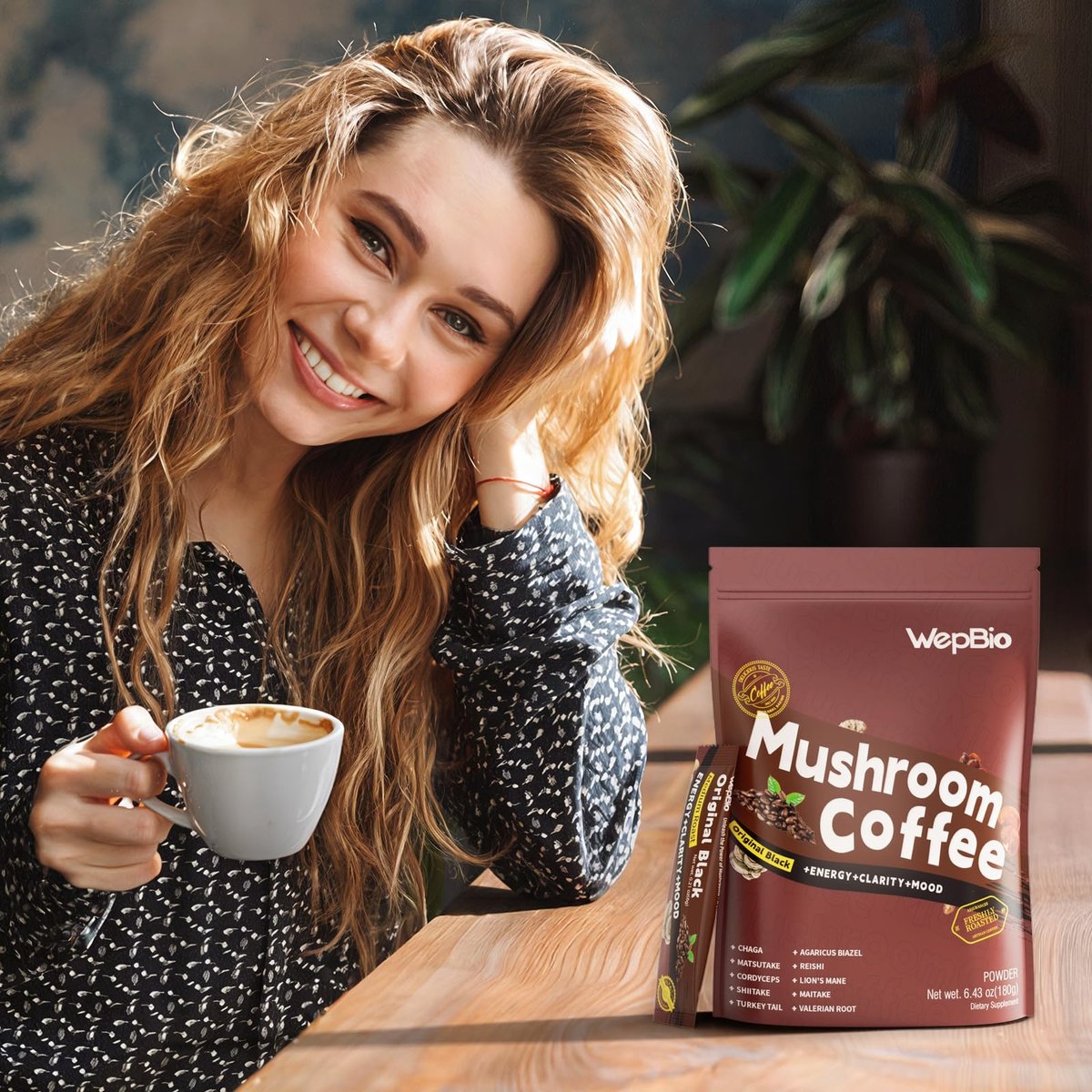 WepBio Pilz-Kaffee Original Schwarz 11-in-1 Adaptogene Pilzmischung mit Ashwagandha KSM-66, Löwenmähne, Reishi, Truthahnschwanz – Instant Pilzkaffee für Energie und Fokus, 30 Portionen