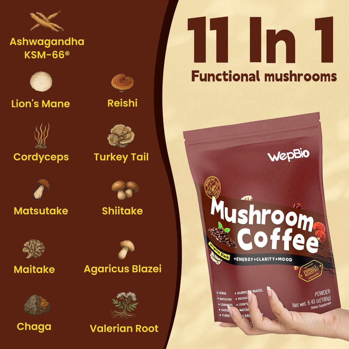 WepBio Pilz-Kaffee Original Schwarz 11-in-1 Adaptogene Pilzmischung mit Ashwagandha KSM-66, Löwenmähne, Reishi, Truthahnschwanz – Instant Pilzkaffee für Energie und Fokus, 30 Portionen