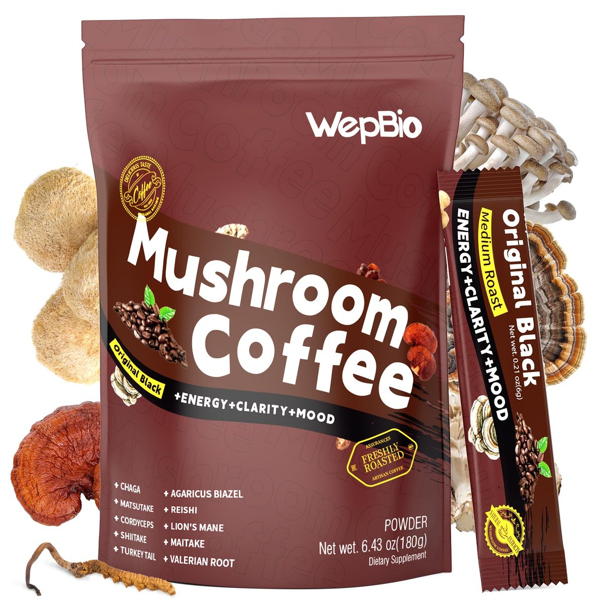 WepBio Pilz-Kaffee Original Schwarz 11-in-1 Adaptogene Pilzmischung mit Ashwagandha KSM-66, Löwenmähne, Reishi, Truthahnschwanz – Instant Pilzkaffee für Energie und Fokus, 30 Portionen