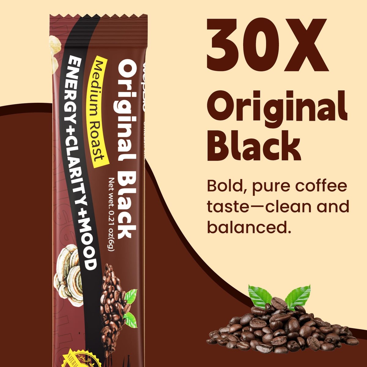 WepBio Pilz-Kaffee Original Schwarz 11-in-1 Adaptogene Pilzmischung mit Ashwagandha KSM-66, Löwenmähne, Reishi, Truthahnschwanz – Instant Pilzkaffee für Energie und Fokus, 30 Portionen