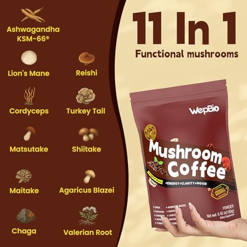 WepBio Pilz-Kaffee Original Schwarz 11-in-1 Adaptogene Pilzmischung mit Ashwagandha KSM-66, Löwenmähne, Reishi, Truthahnschwanz – Instant Pilzkaffee für Energie und Fokus, 30 Portionen