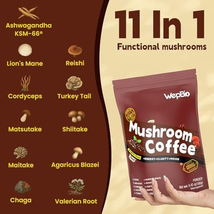 WepBio Pilz-Kaffee Original Schwarz 11-in-1 Adaptogene Pilzmischung mit Ashwagandha KSM-66, Löwenmähne, Reishi, Truthahnschwanz – Instant Pilzkaffee für Energie und Fokus, 30 Portionen