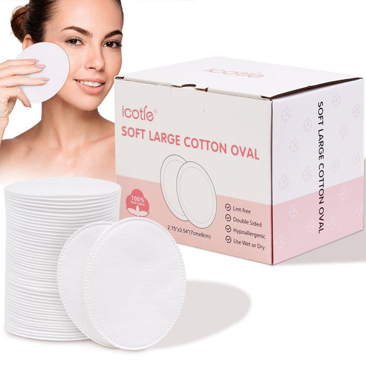 ICOTLE Ovale Wattepads (100 Stück) – Ultra-weiche Baumwoll-Ovale aus 100% Baumwolle, Vliesstoff, rein physikalische Technologie, große Abschminkpads, Gesichtswattepads für Make-up-Entfernung, Reinigung, Toner-Auftrag