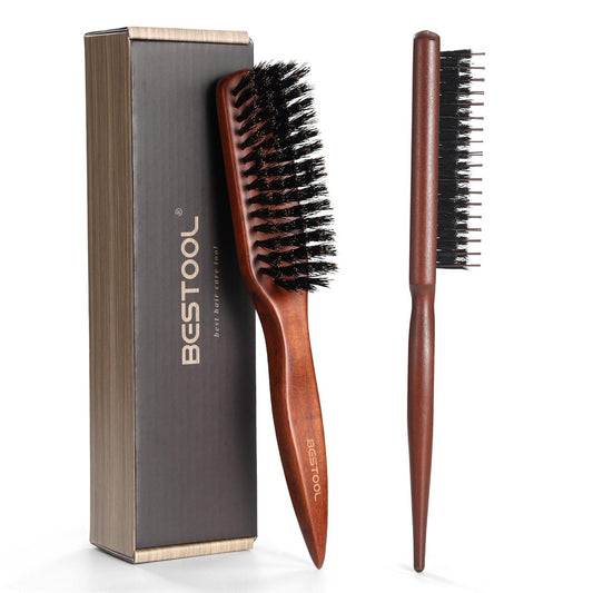 BESTOOL Haarbürste mit reinen Wildschweinborsten für bessere Haarstruktur – Slick Back Bürste für Frauen, Männer und Kinder – Ideal für empfindliche Kopfhaut, feines und dünnes Haar – Glättet fliegende Haare und Kanten