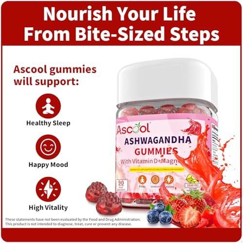 Ascool Ashwagandha Gummies für Stressabbau & Ruhe mit Magnesium + Vitamin D – 90 Stück, zuckerfrei, vegan